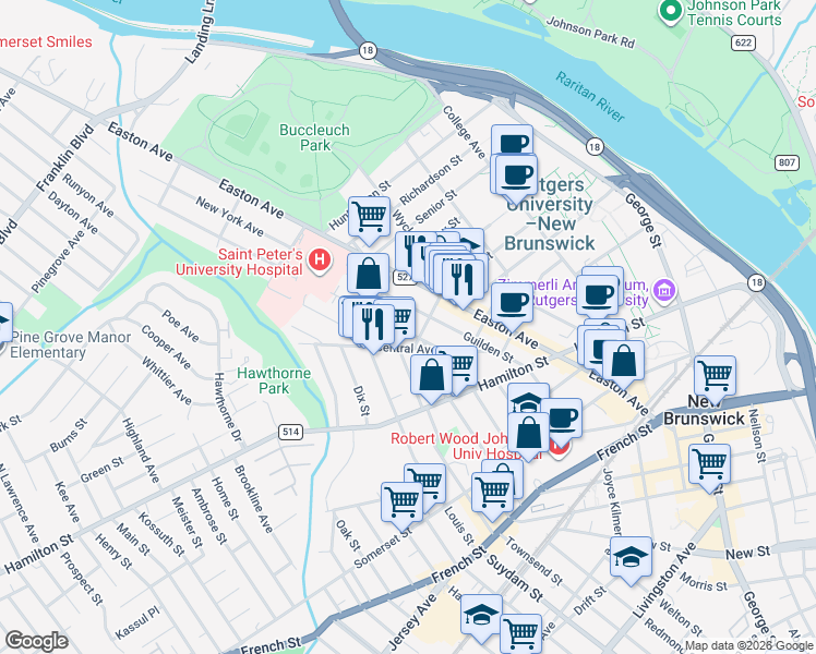 map of restaurants, bars, coffee shops, grocery stores, and more near 40 Bristol Drive in North Brunswick Township