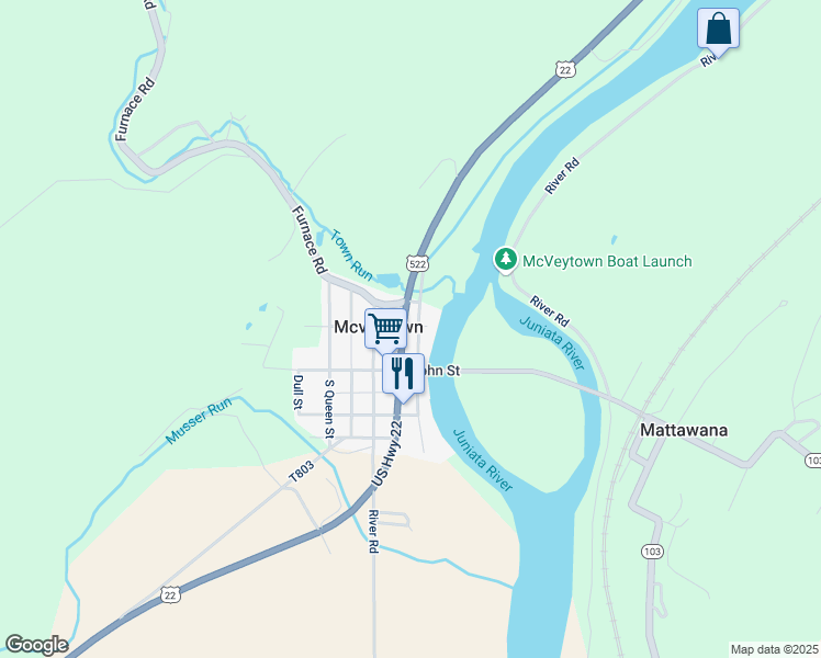 map of restaurants, bars, coffee shops, grocery stores, and more near 19 North Water Street in McVeytown