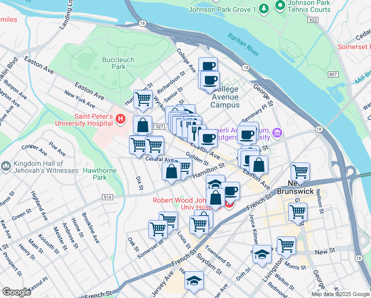 map of restaurants, bars, coffee shops, grocery stores, and more near 35 Central Avenue in New Brunswick