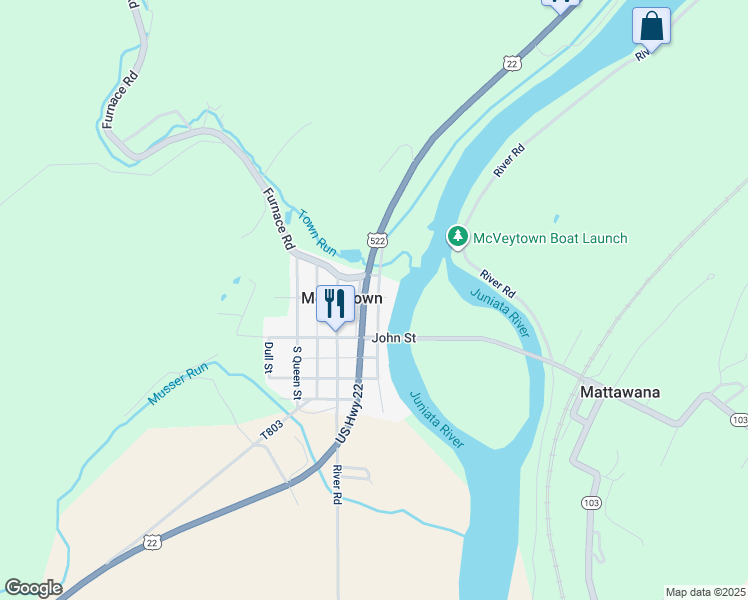 map of restaurants, bars, coffee shops, grocery stores, and more near 19 North Water Street in McVeytown