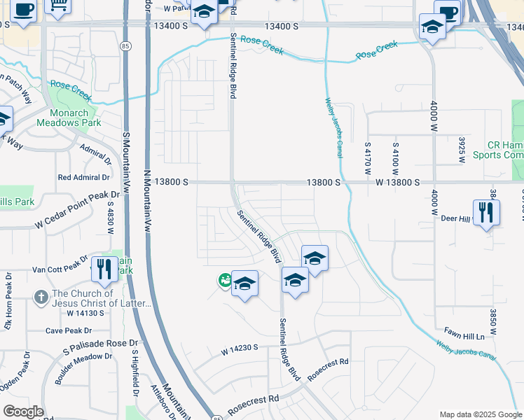 map of restaurants, bars, coffee shops, grocery stores, and more near Mountain View Corridor in Riverton