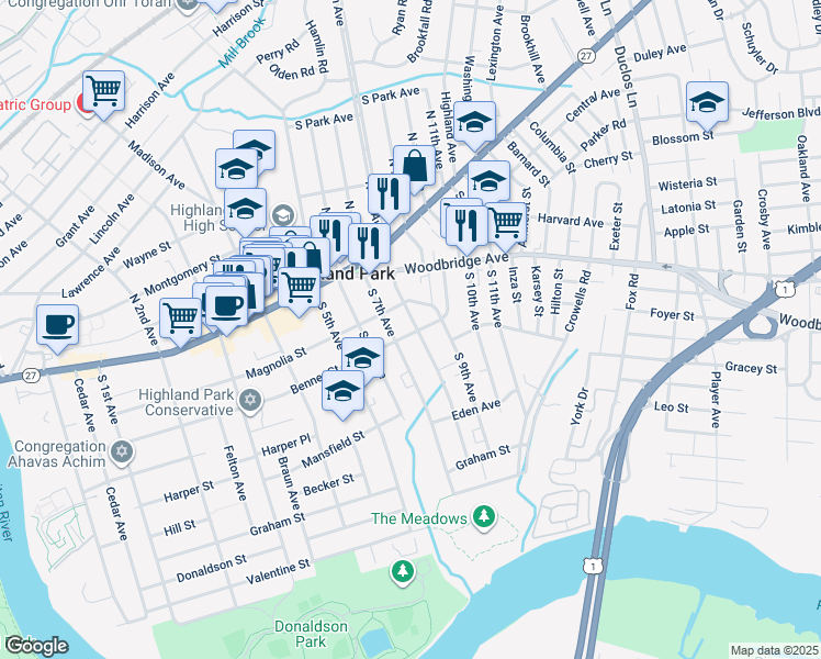 map of restaurants, bars, coffee shops, grocery stores, and more near 208 South 7th Avenue in Highland Park