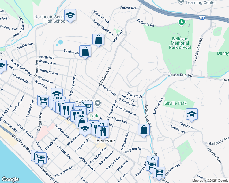 map of restaurants, bars, coffee shops, grocery stores, and more near 147 North Fremont Avenue in Pittsburgh