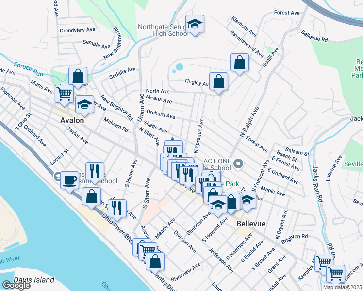 map of restaurants, bars, coffee shops, grocery stores, and more near 57 North Jackson Avenue in Pittsburgh