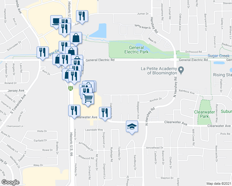 map of restaurants, bars, coffee shops, grocery stores, and more near 1509 Oakbrook Drive in Bloomington