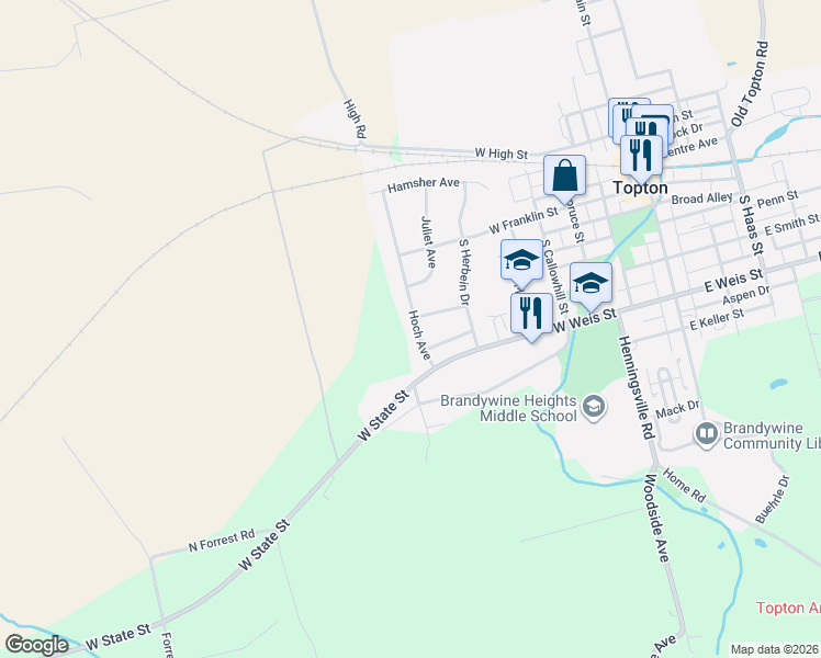 map of restaurants, bars, coffee shops, grocery stores, and more near 134 Hoch Avenue in Topton