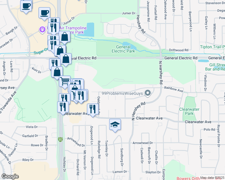 map of restaurants, bars, coffee shops, grocery stores, and more near 2104 Rainbow Avenue in Bloomington