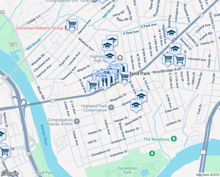 map of restaurants, bars, coffee shops, grocery stores, and more near 307 Magnolia Street in Highland Park