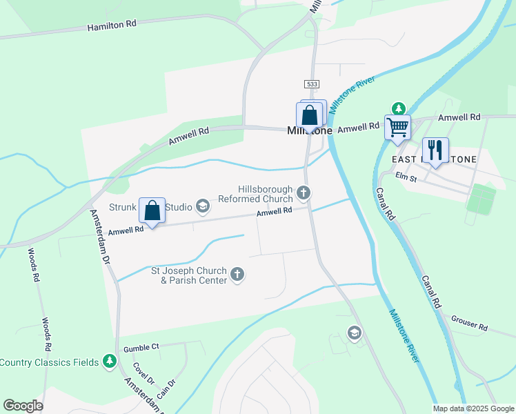 map of restaurants, bars, coffee shops, grocery stores, and more near 48 Amwell Road in Millstone