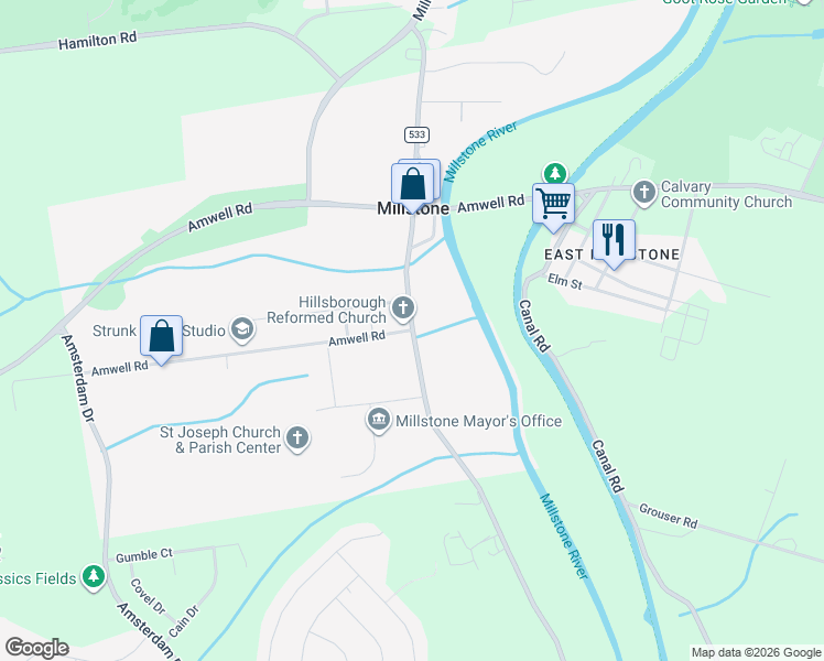 map of restaurants, bars, coffee shops, grocery stores, and more near 9 Stagecoach Way in Hillsborough Township