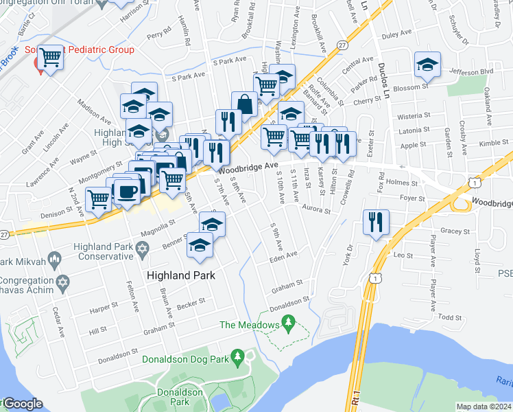 map of restaurants, bars, coffee shops, grocery stores, and more near 810 Benner Street in Highland Park