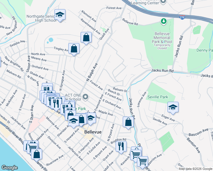 map of restaurants, bars, coffee shops, grocery stores, and more near 2 Balsam Street in Pittsburgh