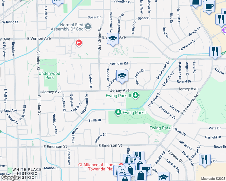 map of restaurants, bars, coffee shops, grocery stores, and more near Eisenhower Dr & Jersey Ave in Bloomington