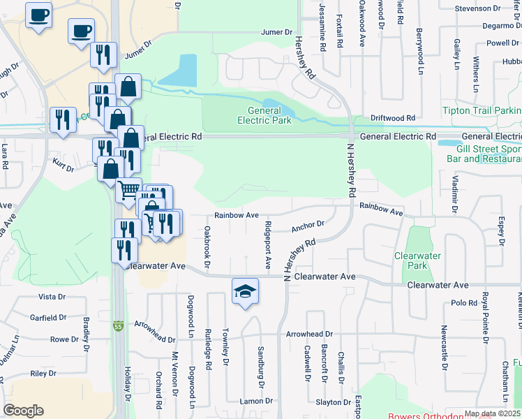 map of restaurants, bars, coffee shops, grocery stores, and more near 2212 Rainbow Avenue in Bloomington