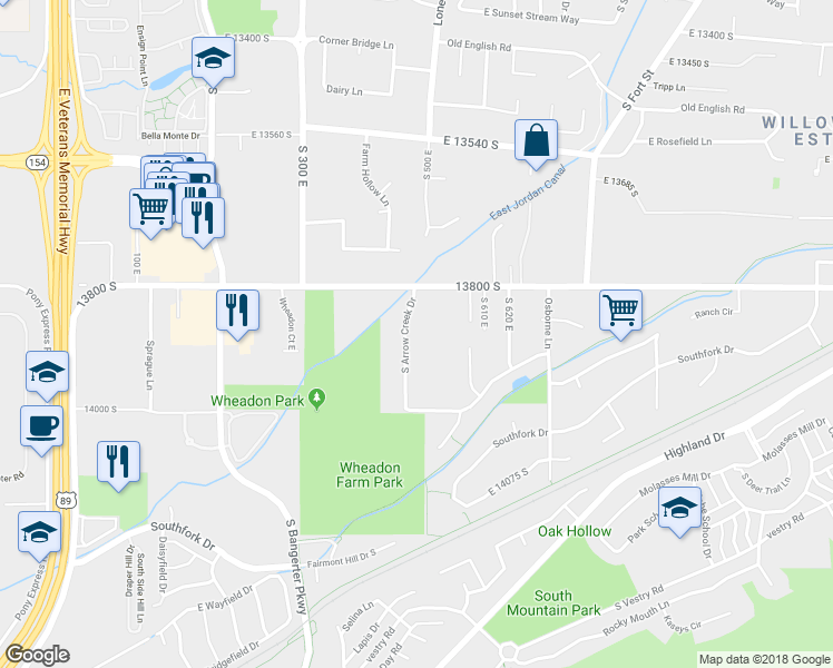 map of restaurants, bars, coffee shops, grocery stores, and more near 13867 South Arrow Creek Drive in Draper