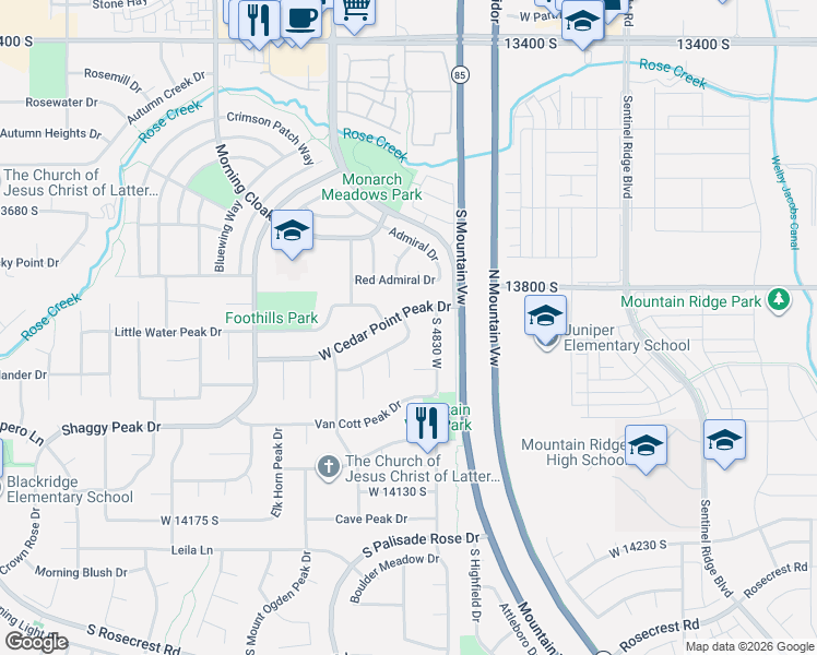 map of restaurants, bars, coffee shops, grocery stores, and more near 4856 West Cedar Point Peak Drive in Riverton