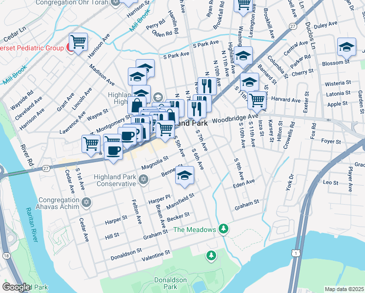 map of restaurants, bars, coffee shops, grocery stores, and more near 503 Raritan Avenue in Highland Park