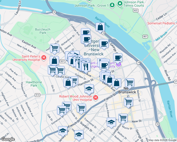 map of restaurants, bars, coffee shops, grocery stores, and more near 32 Mine Street in New Brunswick