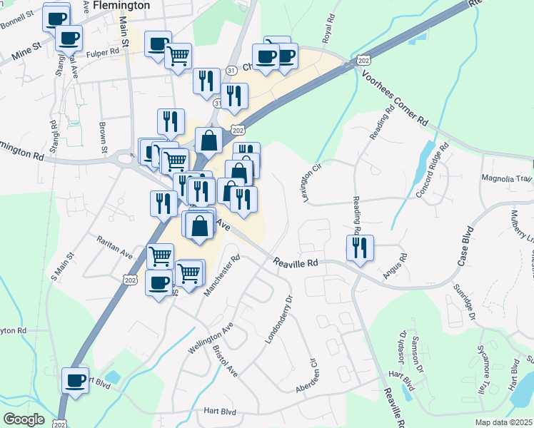 map of restaurants, bars, coffee shops, grocery stores, and more near 116 Westminster Place in Flemington