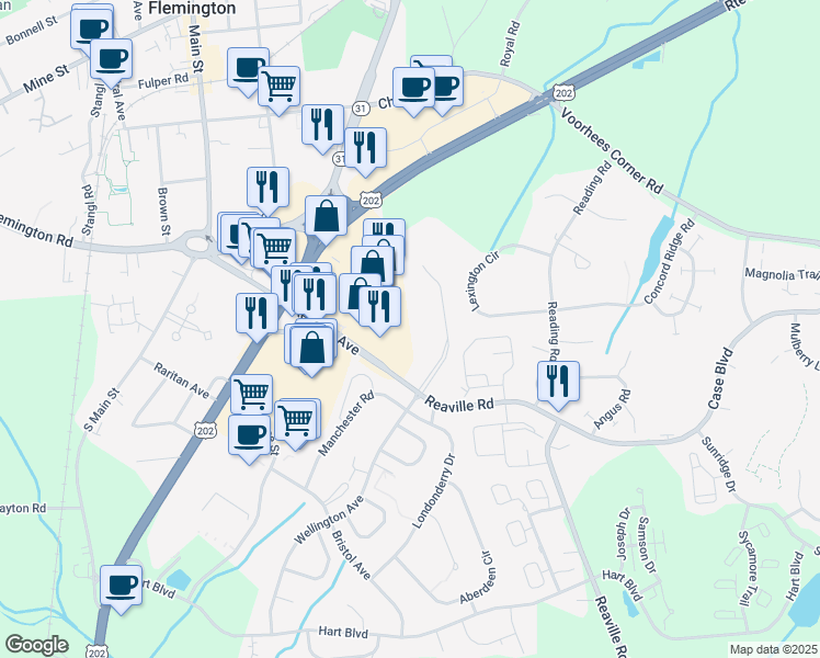 map of restaurants, bars, coffee shops, grocery stores, and more near 116 Westminster Place in Flemington
