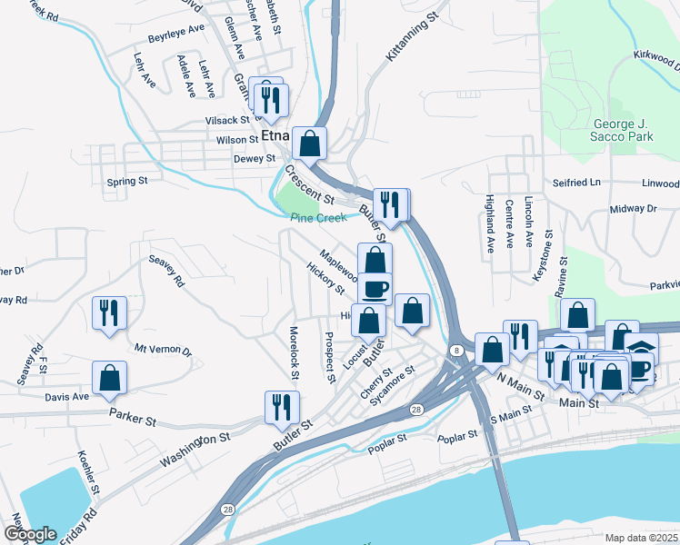 map of restaurants, bars, coffee shops, grocery stores, and more near 15 Pine Street in Etna