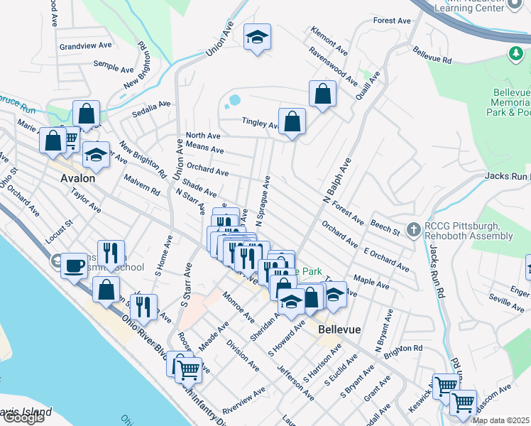 map of restaurants, bars, coffee shops, grocery stores, and more near 127 North Sprague Avenue in Pittsburgh