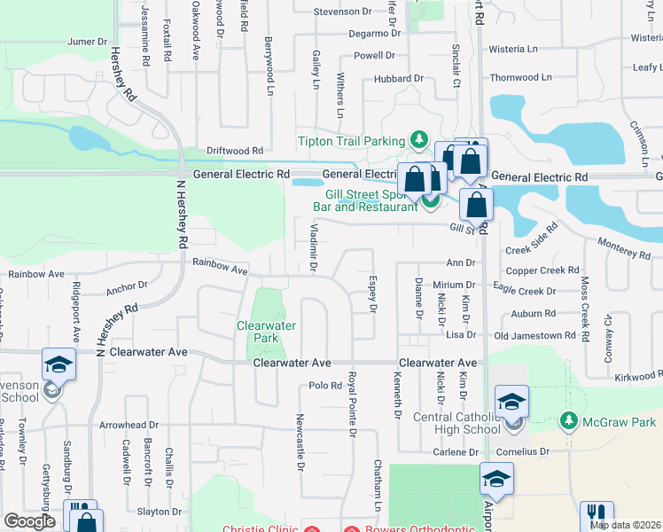map of restaurants, bars, coffee shops, grocery stores, and more near 1 Tatiana Court in Bloomington