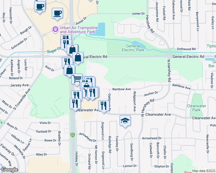 map of restaurants, bars, coffee shops, grocery stores, and more near 4 Rainbow Circle in Bloomington