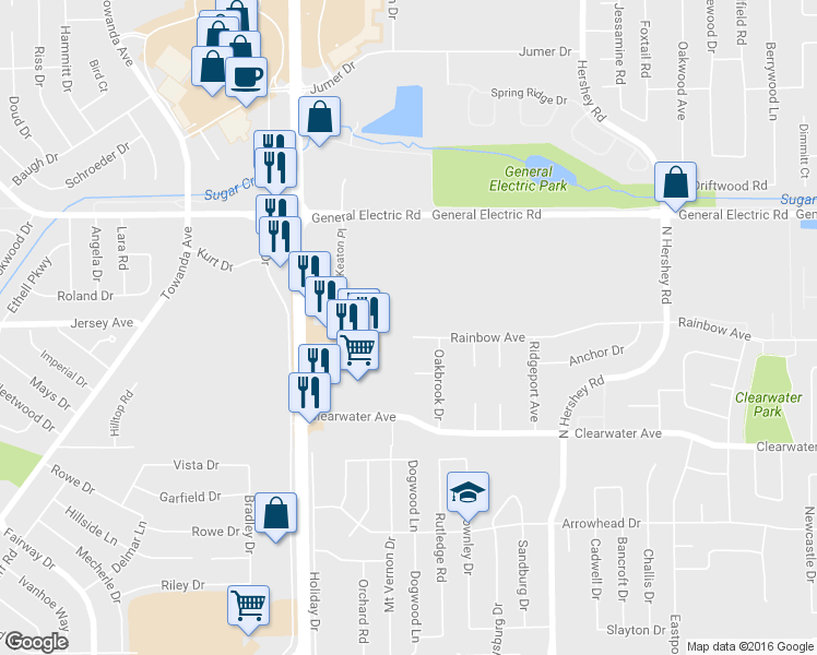 map of restaurants, bars, coffee shops, grocery stores, and more near 4 Rainbow Circle in Bloomington
