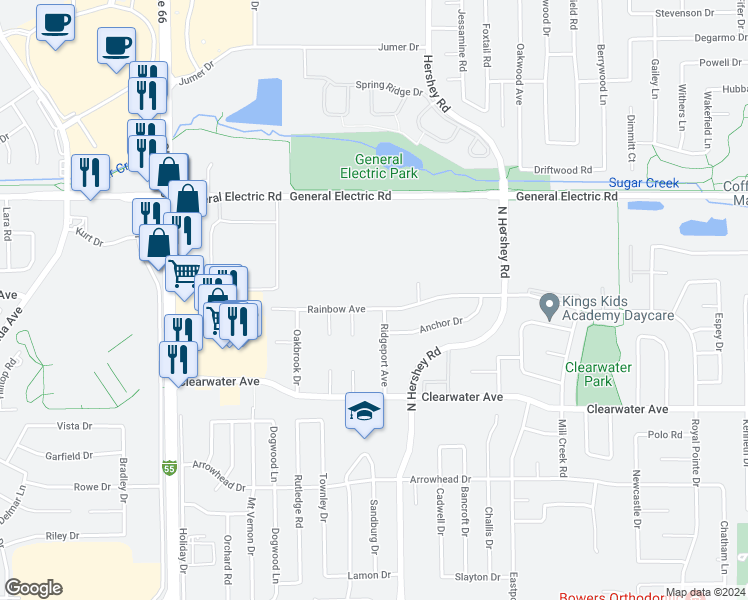 map of restaurants, bars, coffee shops, grocery stores, and more near 2206 Rainbow Avenue in Bloomington