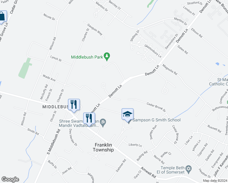 map of restaurants, bars, coffee shops, grocery stores, and more near 421 Demott Lane in Franklin Township