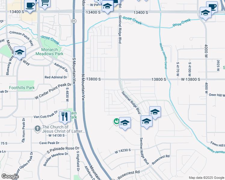 map of restaurants, bars, coffee shops, grocery stores, and more near 4472 West Monument Peak Drive in Herriman