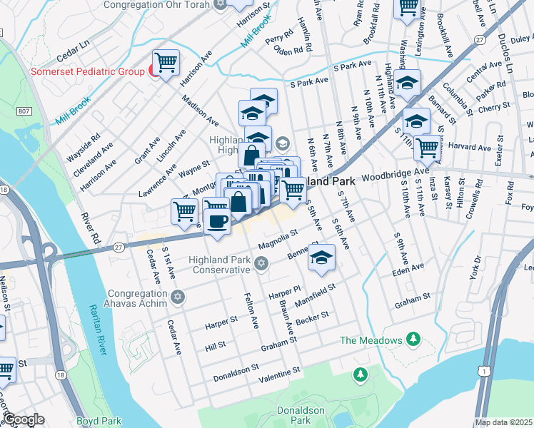 map of restaurants, bars, coffee shops, grocery stores, and more near 12 North 4th Avenue in Highland Park