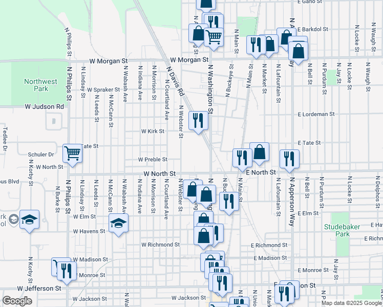 map of restaurants, bars, coffee shops, grocery stores, and more near North Kokomo Street in Kokomo