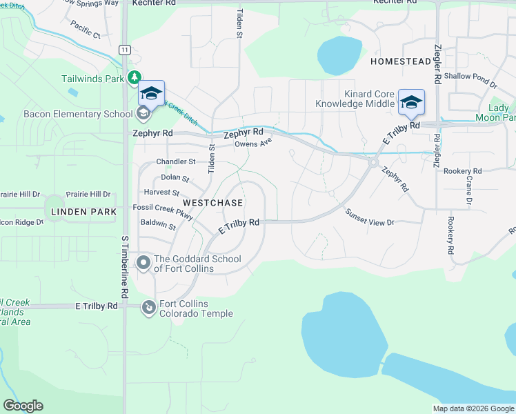 map of restaurants, bars, coffee shops, grocery stores, and more near 6202 Treestead Court in Fort Collins