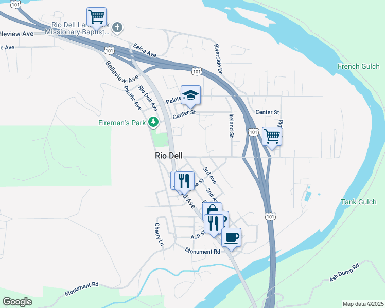 map of restaurants, bars, coffee shops, grocery stores, and more near 84 Davis Street in Rio Dell