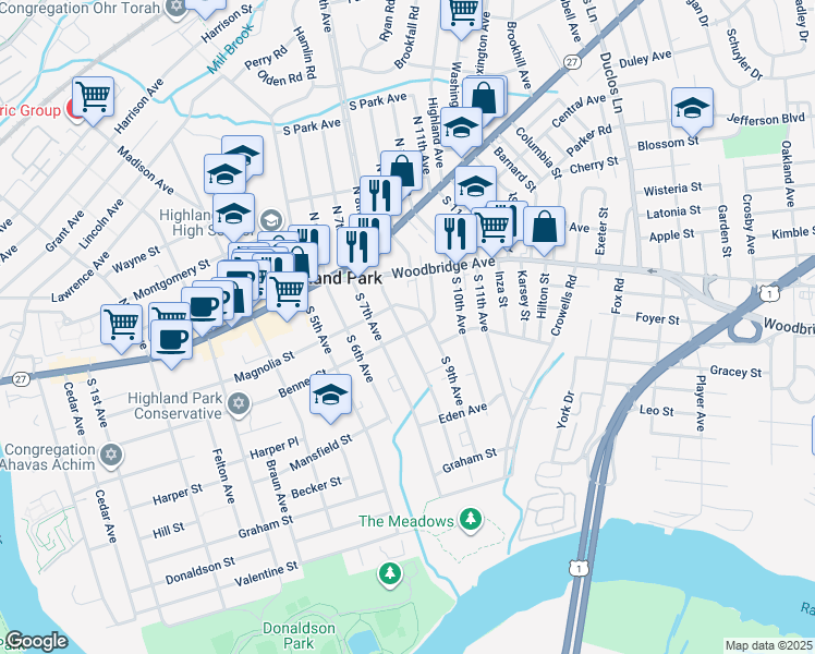 map of restaurants, bars, coffee shops, grocery stores, and more near 228 Volkert Street in Highland Park