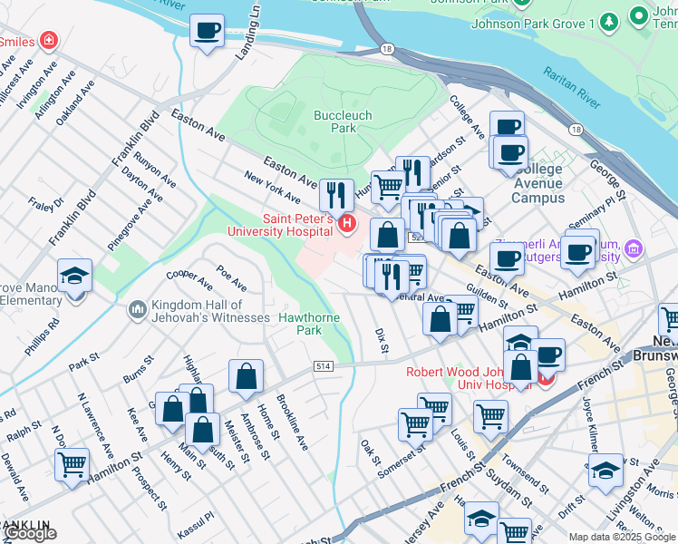 map of restaurants, bars, coffee shops, grocery stores, and more near 69 Duke Street in New Brunswick