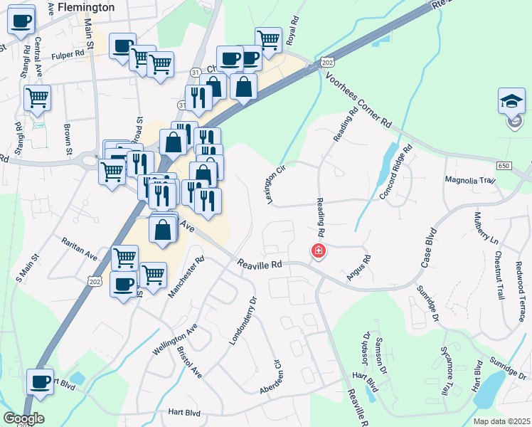 map of restaurants, bars, coffee shops, grocery stores, and more near 1505 Cobblestone Court in Flemington