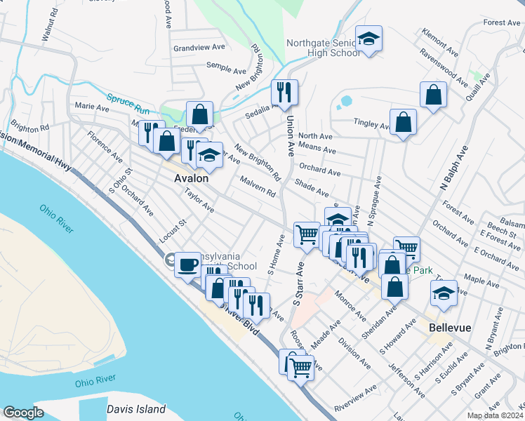map of restaurants, bars, coffee shops, grocery stores, and more near 924 Malvern Road in Pittsburgh