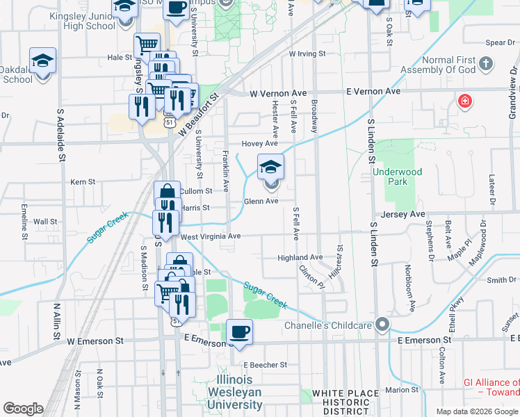 map of restaurants, bars, coffee shops, grocery stores, and more near 316 Glenn Avenue in Normal