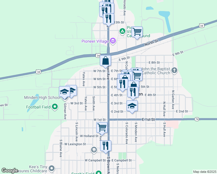 map of restaurants, bars, coffee shops, grocery stores, and more near Nebraska 10 in Minden