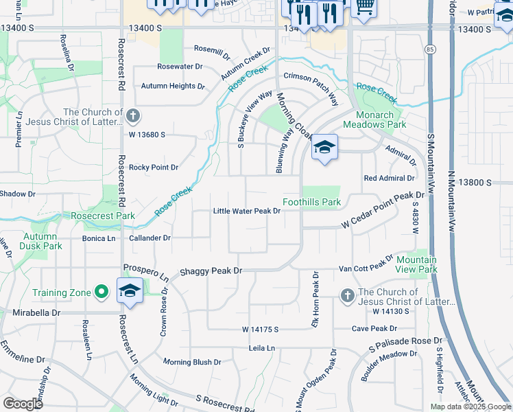 map of restaurants, bars, coffee shops, grocery stores, and more near 5248 Little Water Peak Drive in Riverton