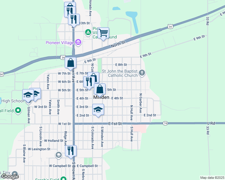 map of restaurants, bars, coffee shops, grocery stores, and more near East 5th Street in Minden