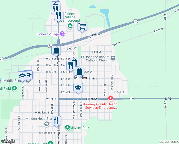 map of restaurants, bars, coffee shops, grocery stores, and more near East 5th Street in Minden