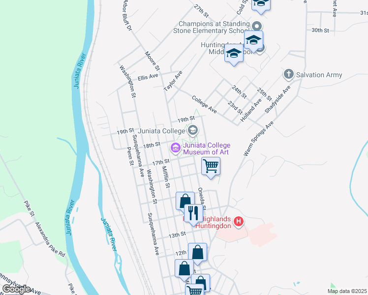 map of restaurants, bars, coffee shops, grocery stores, and more near 1700 Moore Street in Huntingdon