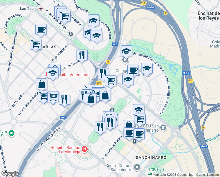 map of restaurants, bars, coffee shops, grocery stores, and more near 28 Calle de María de Portugal in Madrid