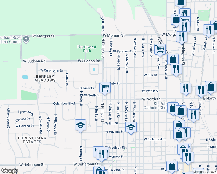 map of restaurants, bars, coffee shops, grocery stores, and more near 1505 North Lindsay Street in Kokomo