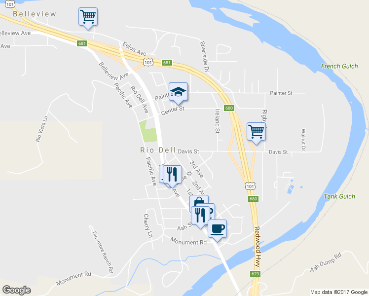map of restaurants, bars, coffee shops, grocery stores, and more near 84 Davis Street in Rio Dell