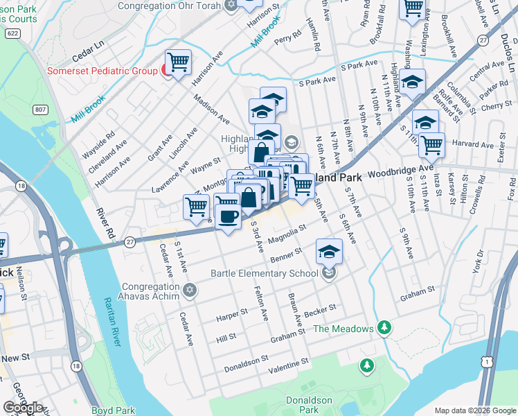 map of restaurants, bars, coffee shops, grocery stores, and more near 307 New Jersey 27 in Highland Park